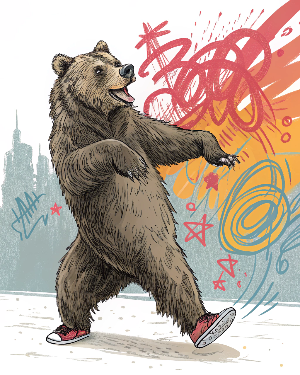 AI generated image by Red Panda AI: dancing Bear in the style of David Choe art
