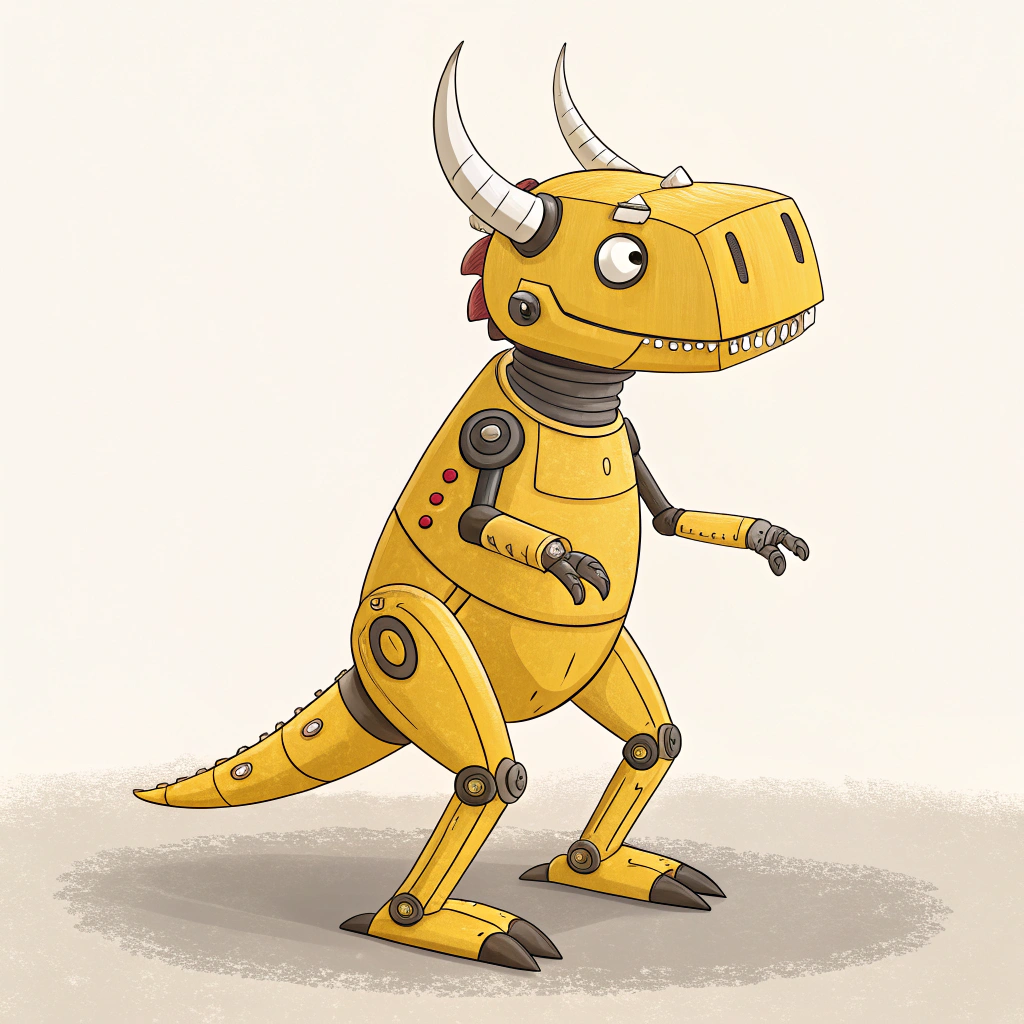 AI generated image by Red Panda AI: Quiero un robot de forma de T-rex de color amarillo y con dos cuernos 