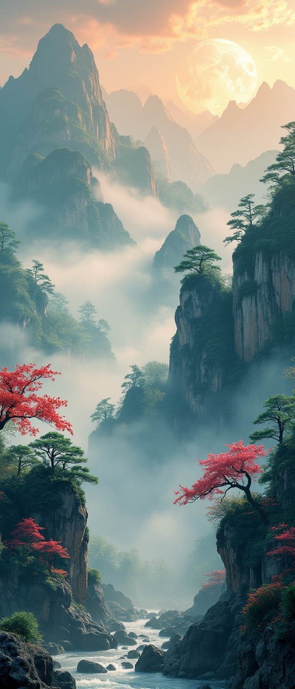 AI generated image by FLUX.1-pro: Iphone wallpaper, a Chinese mountain scene, ethereal