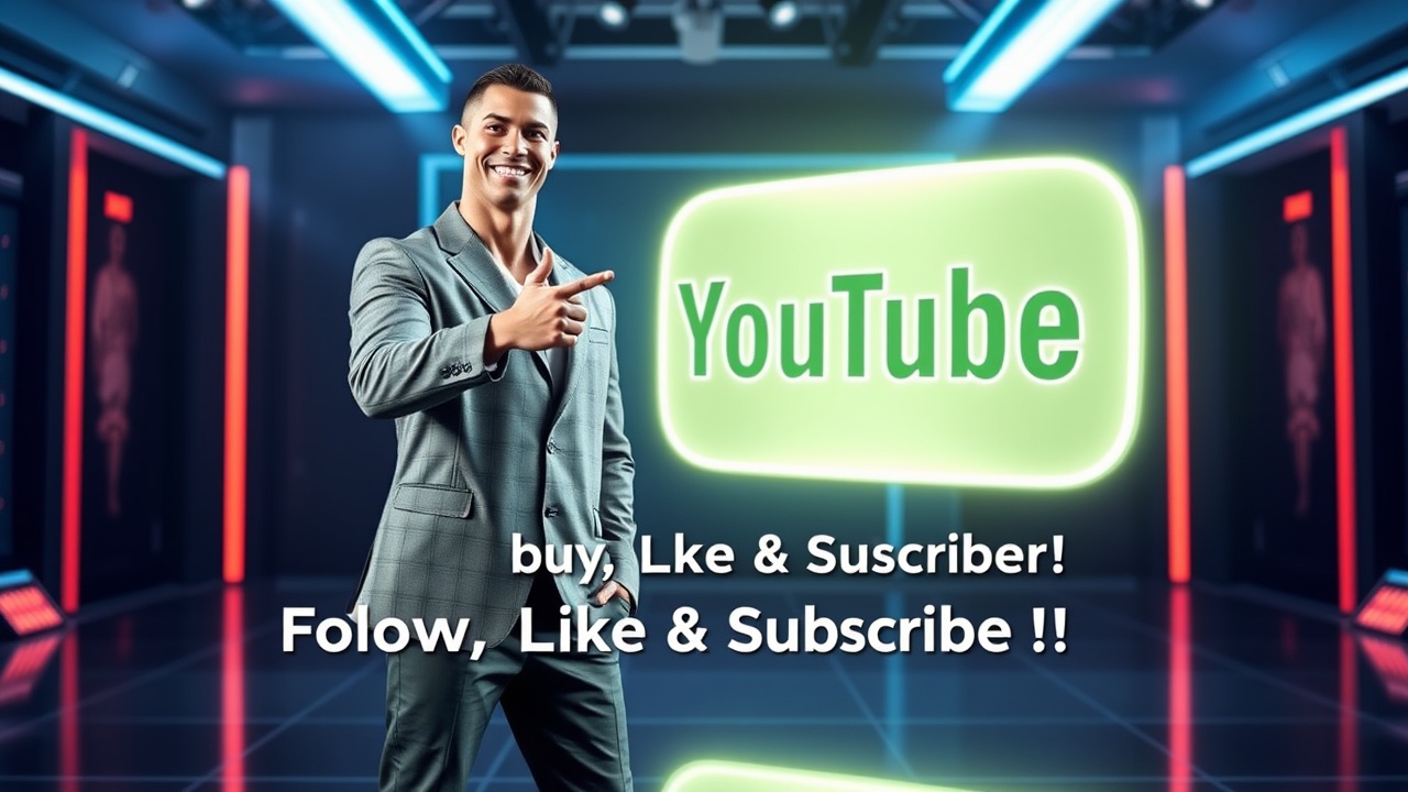 AI generated image by FLUX.1-schnell: "Full body view of Cristiano Ronaldo standing confidently in a stylish outfit, pointing towards a glowing YouTube logo with the channel name 'Ashar_GfX' floating above it. Ronaldo is smiling and giving a thumbs-up while text appears beside him saying 'Follow, Like & Subscribe to Ashar_GfX!' The background is a modern digital studio with cool lighting effects, making it look dynamic and futuristic."