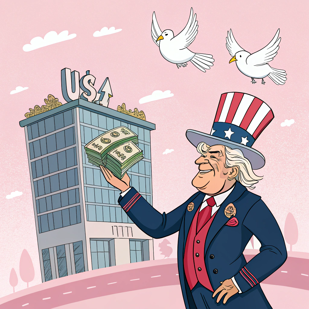 AI generated image by Red Panda AI: A satirical cartoon caricature: Uncle Sam in a dark blue suit with red accents, an arrogant grin, bulging eyes with dollar signs, and horns shaped like the number "16" on his head. His head is composed of cash stacks topped by a small store building with glass facades. On his back is a massive bank building overflowing with cash, causing him to lean forward from the weight. In front of him, two doves make a transaction: one dove offers a package, and the other hands over money. His left hand holds a pink perfume bottle shaped like the Earth, spraying a pink mist. Bright, saturated colors, bold lines, in a satirical and playful cartoon style, isolated on a white background.