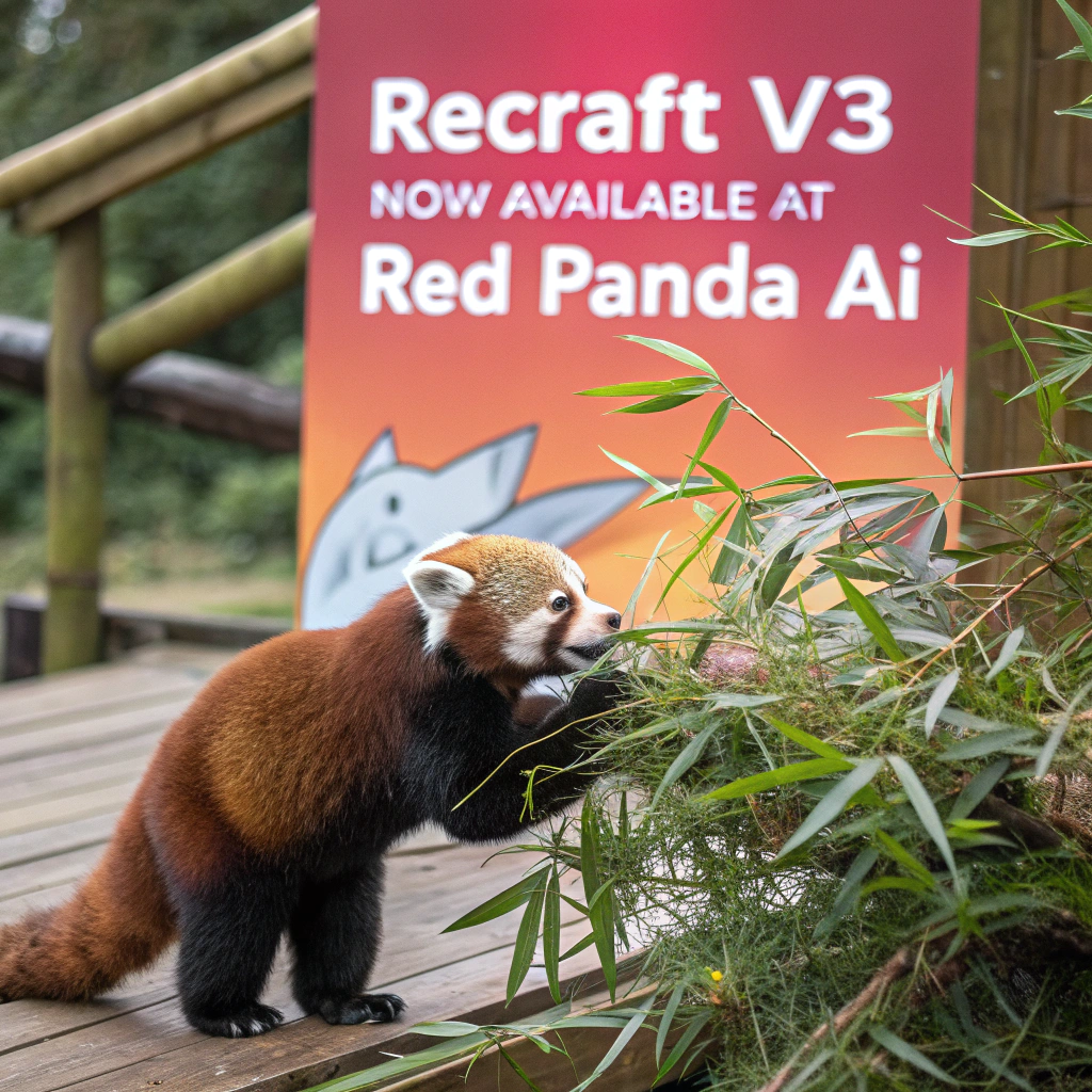 AI generated image by Red Panda AI: a red panda eating a bamboo in front of a poster that says "recraft V3 now available at red panda ai