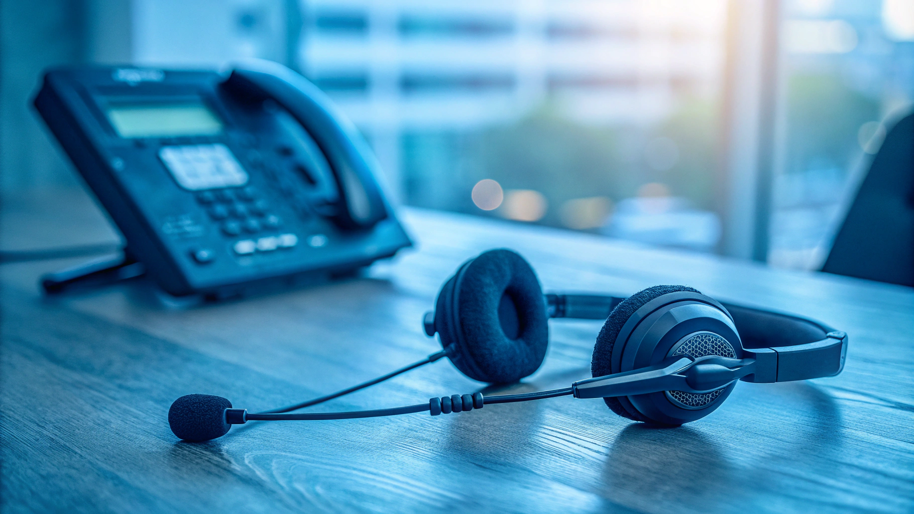 AI generated image by FLUX.1-schnell: headphones with a microphone lie on the table against the background of a landline phone blurred in the background, photo in blue tones