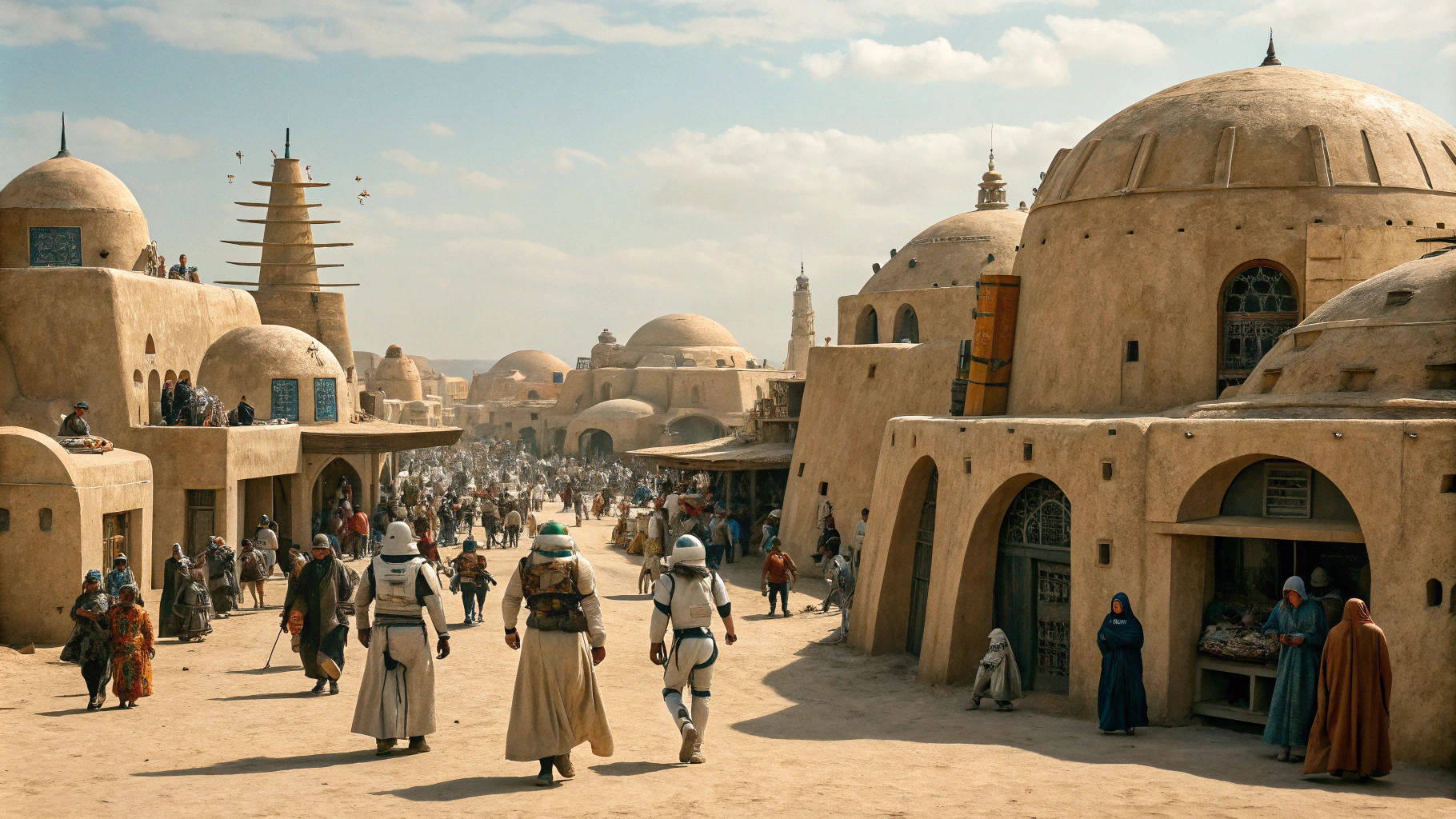 AI generated image by Red Panda AI: Star Wars cinematic style, Mos Eisley Spaceport, desert large city of stucco rounded adobe style buildings, large crowd of extraterrestrial aliens and robot droids walking towards the camera