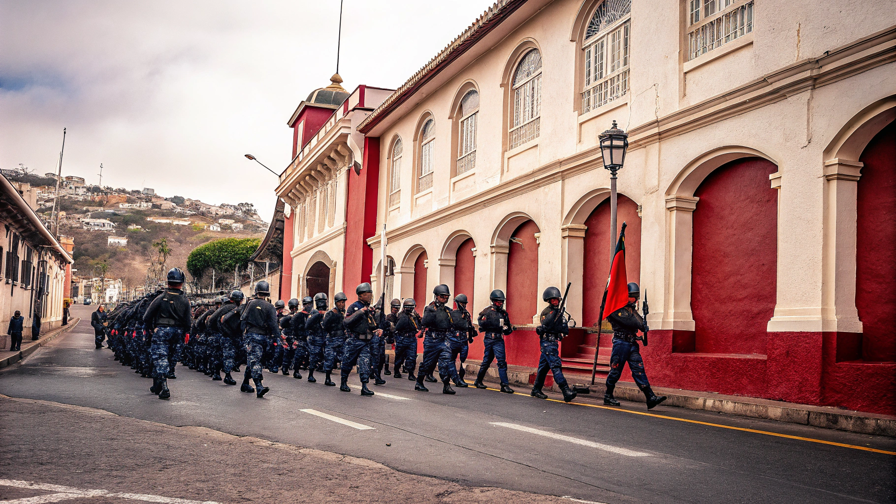 AI generated image by Red Panda AI: Crie uma imagem de soldados do Exército Brasileiro marchando no Bairro da Urca tendo o Instituto Militar de Engenharia ao fundo.