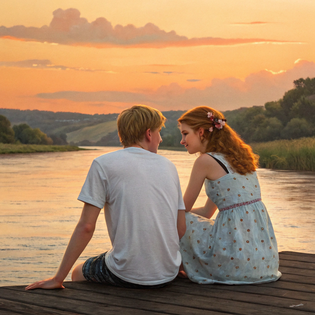 AI generated image by Red Panda AI: desenho realista em tinta a oleo de homem 22 anos cabelo castanho claro de camiseta branca e bermuda sentado a beira do pier com os pes na agua ao lado de uma mulher de 18 anos com cabelos soltos e avermelhados e vestido claro com florzinhas que encosta  a sua cabeca nele.  olham o por do sol em um rio com paisagens ao fundo. visao de costas, tons alaranjados. 