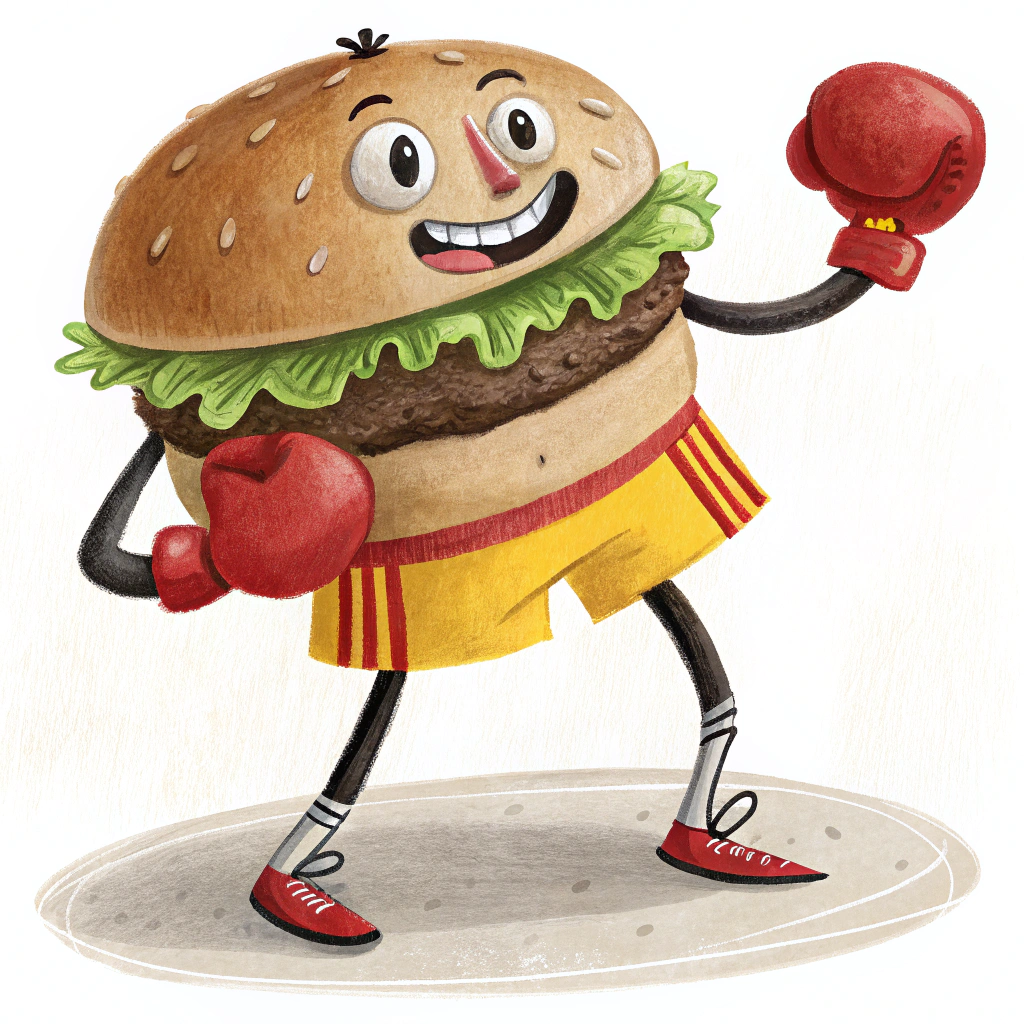 AI generated image by Red Panda AI: smiling cheeseburger with skinny black legs, and skinny black arms, wearing red boxing gloves, and wearing yellow shorts with a red stripe, on a plain white background