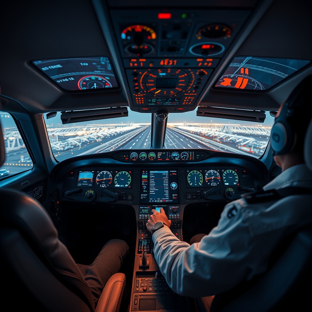 AI generated image by FLUX.1-schnell: Ein Pilot in einem modernen Cockpit mit digitalen Anzeigen, die durch KI gesteuert werden, um präzise Marketingentscheidungen zu treffen. Hochwertige Business-Darstellung.