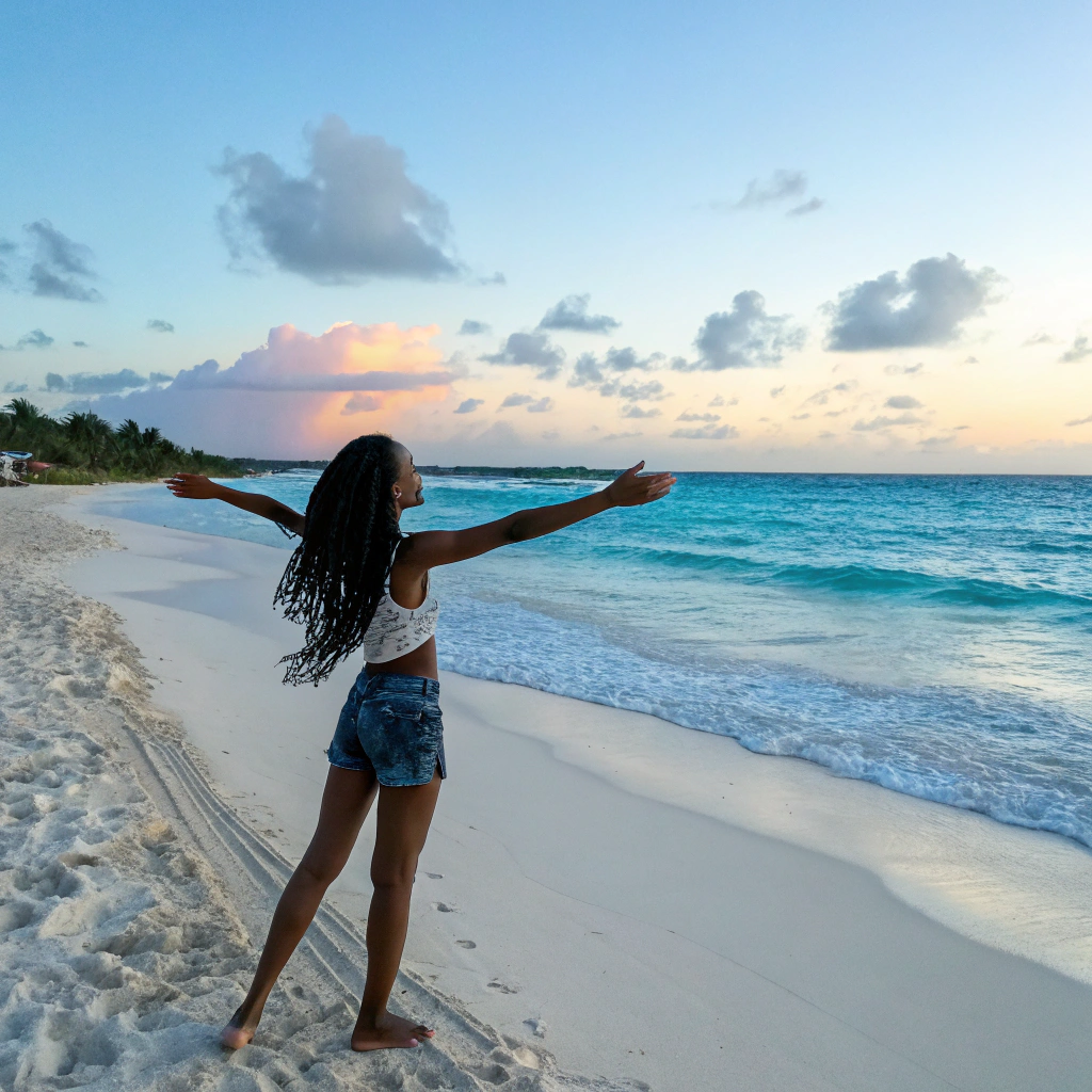 AI generated image by Red Panda AI: crea una chica delgada morena clara cabello largo negro rizado con cuerpo atlético en una playa del Caribe arena blanca y mar azul al amanecer de lado con las brazos abiertos mirando al cielo 