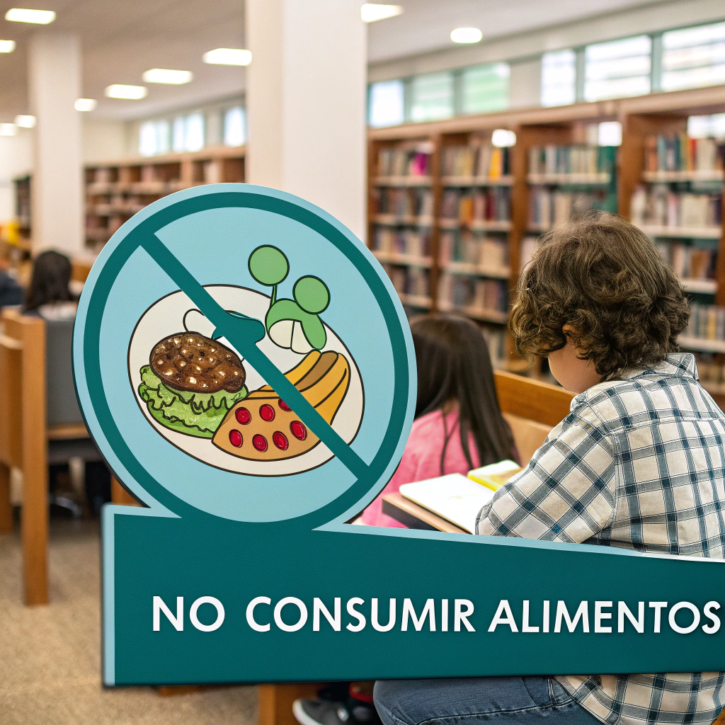 AI generated image by Red Panda AI: simbolo no consumir alimentos en biblioteca con niños
