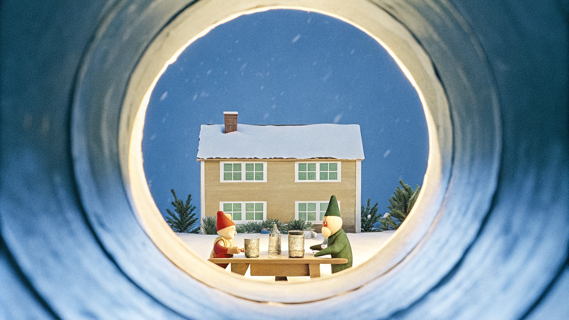 AI generated image by Red Panda AI: In a dark hole in the background we see a familiar scene of gnomes dressed as Christmas celebrating New Year's dinner sitting at a table in a cozy house under a building between pipes and with a giant jar of honey and jars of spices and medicinal plants