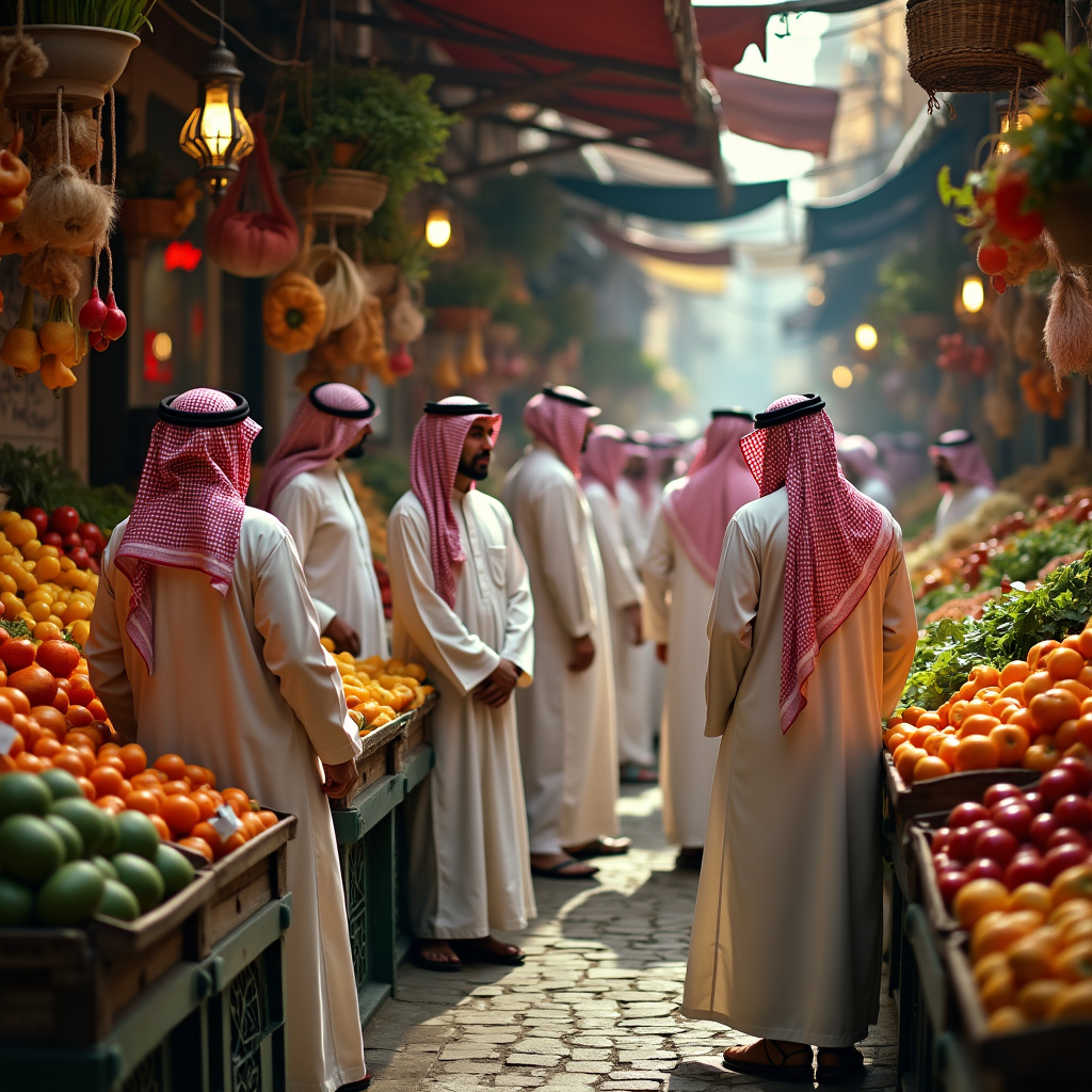 AI generated image by FLUX.1-pro: A group of Arabs wearing galabiyas inside a fruit market