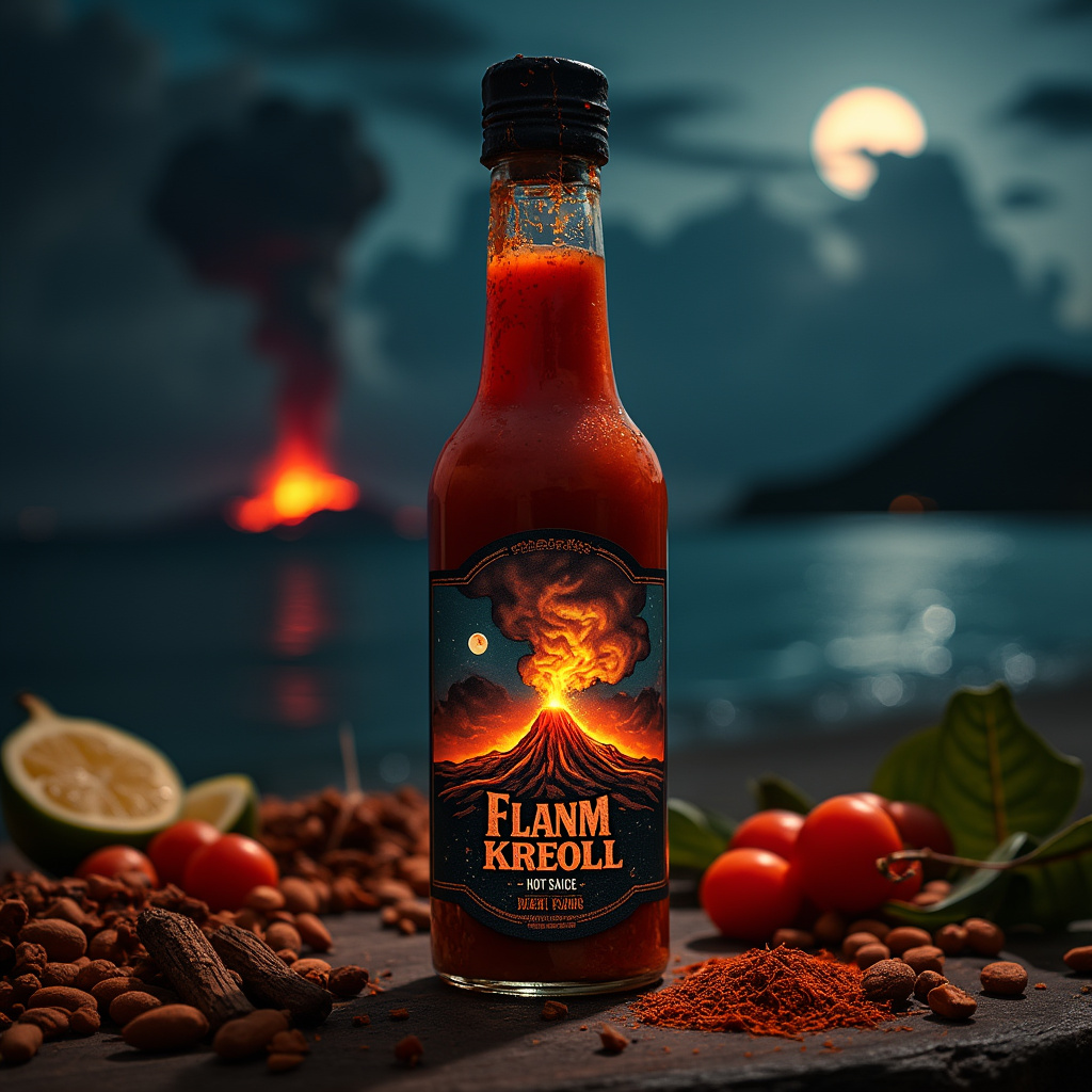 AI generated image by FLUX.1-pro: A dramatic, nighttime Caribbean scene designed for the ‘Flanm Kreol’ hot sauce label. The label showcases a glowing volcano erupting in the distance, with ‘Flanm Kreyol’ prominently displayed in a bold, rustic font that stands out against a dark, starry sky. This intense, mystical aesthetic reflects the sauce’s rich, fiery flavor. Position the bottle on an outdoor table surrounded by various spices and ingredients, capturing the essence of a Caribbean setting.