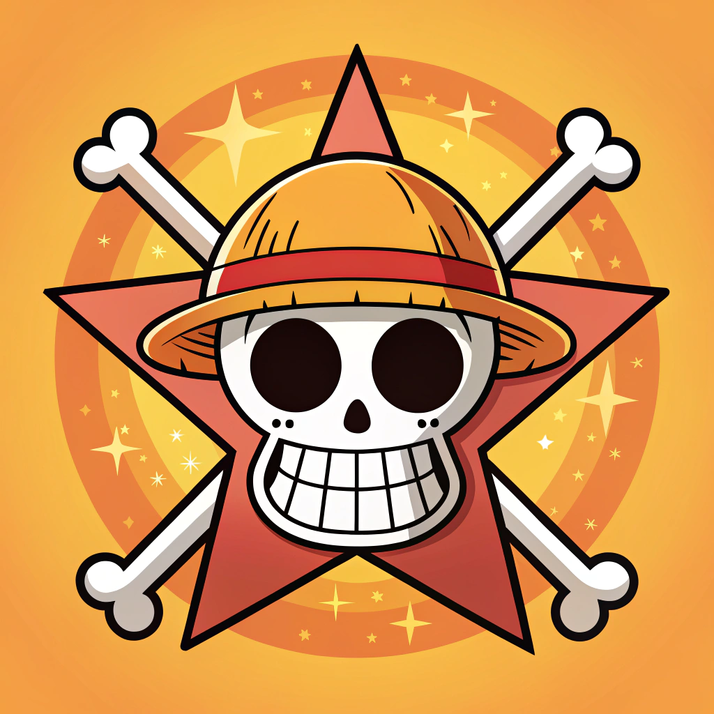 AI generated image by Red Panda AI: one piece like CARTOONY jolly roger skull logo (only top skull/teeth NO JAW OR TEETH) 4 big rectangle teeth 4 ray curvy glowing light star behind skull (with skull centered in it) orange/yellow gradiant glow all around the light, and glowing through the right eye dripping skull