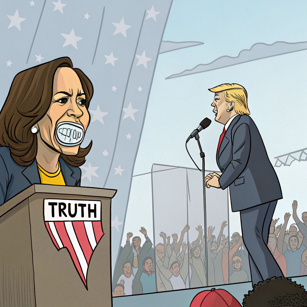 AI generated image by Red Panda AI: A political cartoon featuring a caricature of Kamala Harris on the left with a sticker reading TRUTH covering her mouth addressing an empty audience and a caricature of trump on the right addressing a large enthusiastic audience. View from a distance 