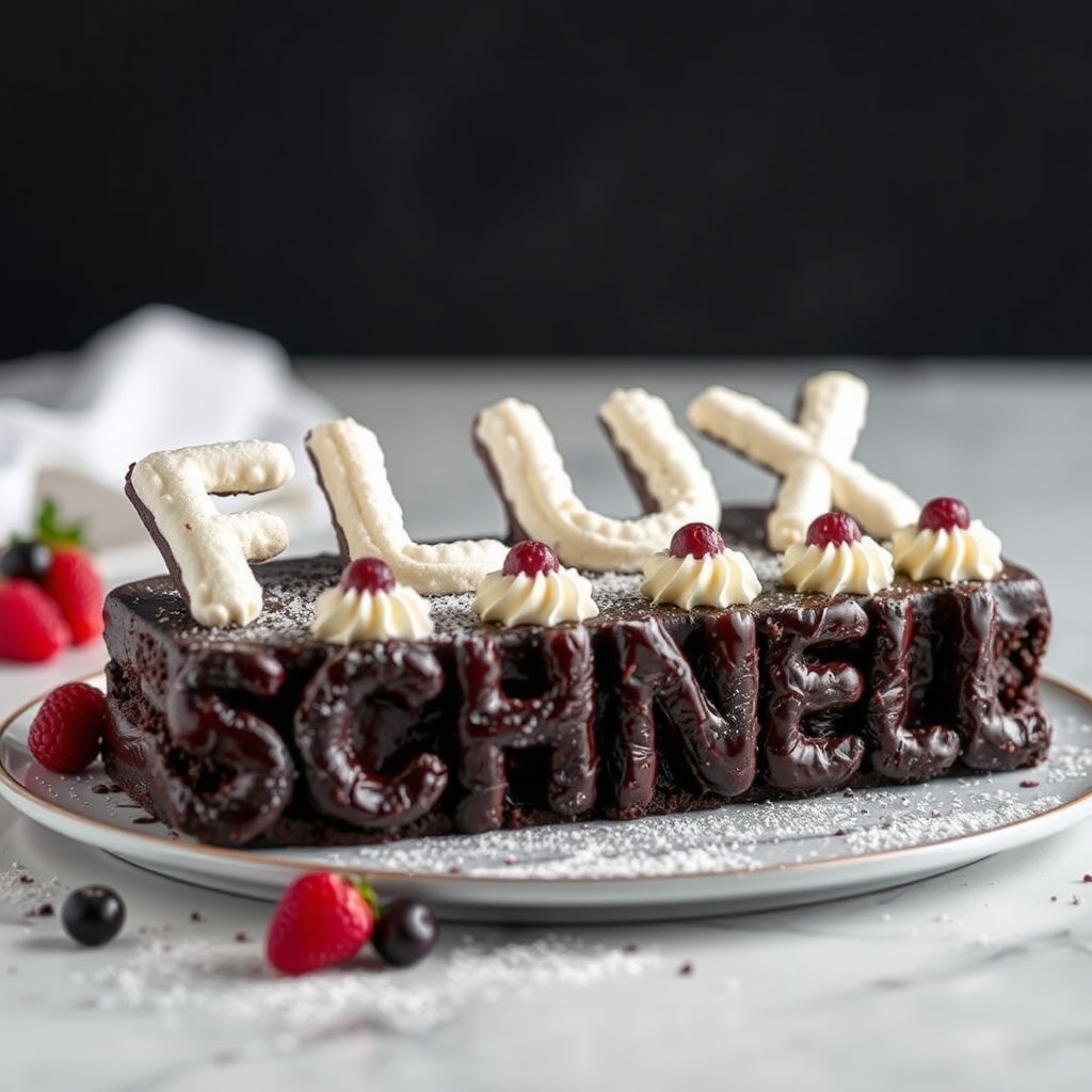 AI generated image by FLUX.1-schnell: black forest gateau cake spelling out the words "FLUX SCHNELL", tasty, food photography, dynamic shot
