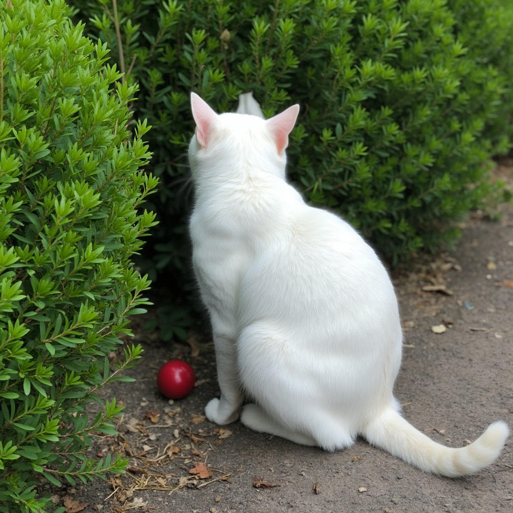 AI generated image by FLUX.1-pro: A white cat is squatting beside green bushes, with a red ball placed nearby.