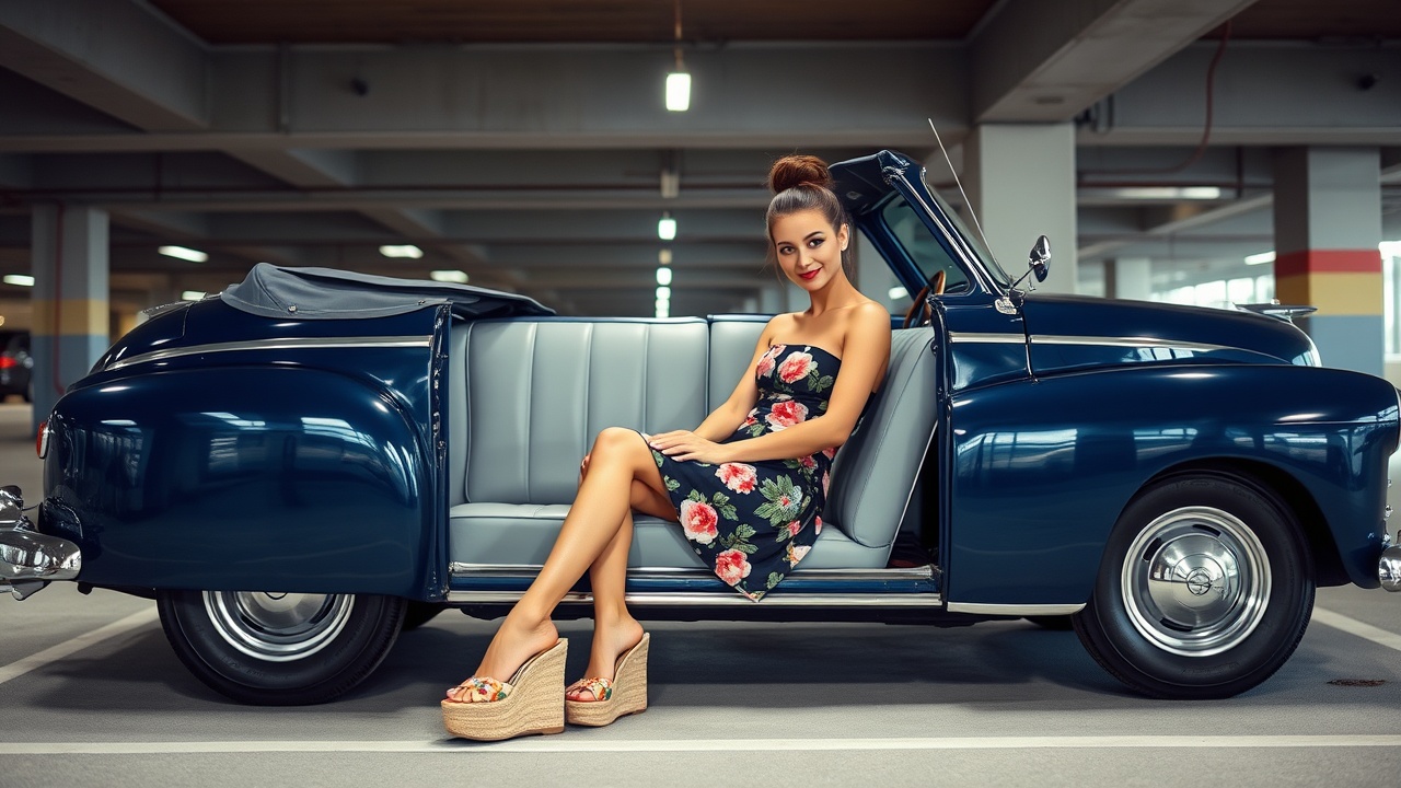 AI generated image by FLUX.1-schnell: Bright indoor garage under upscale office building. Dark blue 1948 Chevrolet convertible with the top down sitting in a parking space with driver’s side door open. Bench seat covered in light grey leather. Light grey carpet.  Gorgeous very petite (150 cm. tall) young woman about 30. Short stature, hourglass figure. Long brown hair in a bun. Bright red lipstick eye makeup. Slight smile. Sleeveless, strapless tube minidress with floral design on dark background. Straw-covered ultra high wedge slides with floral accent on vamp. Woman sitting in driver’s seat facing front. Feet on the floor. Camera positioned just behind and above driver's left shoulder. Camera focused on pedals and feet.  Pedals visible. 