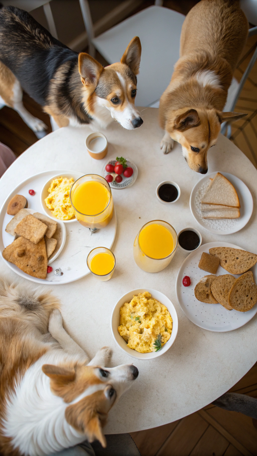 AI generated image by Red Panda AI: real life directly overhead fisheye lens video of a dog family of 6 corgis seated around a dining table eating breakfast with scrambled eggs, orange juice, cereal and toast. No humans.