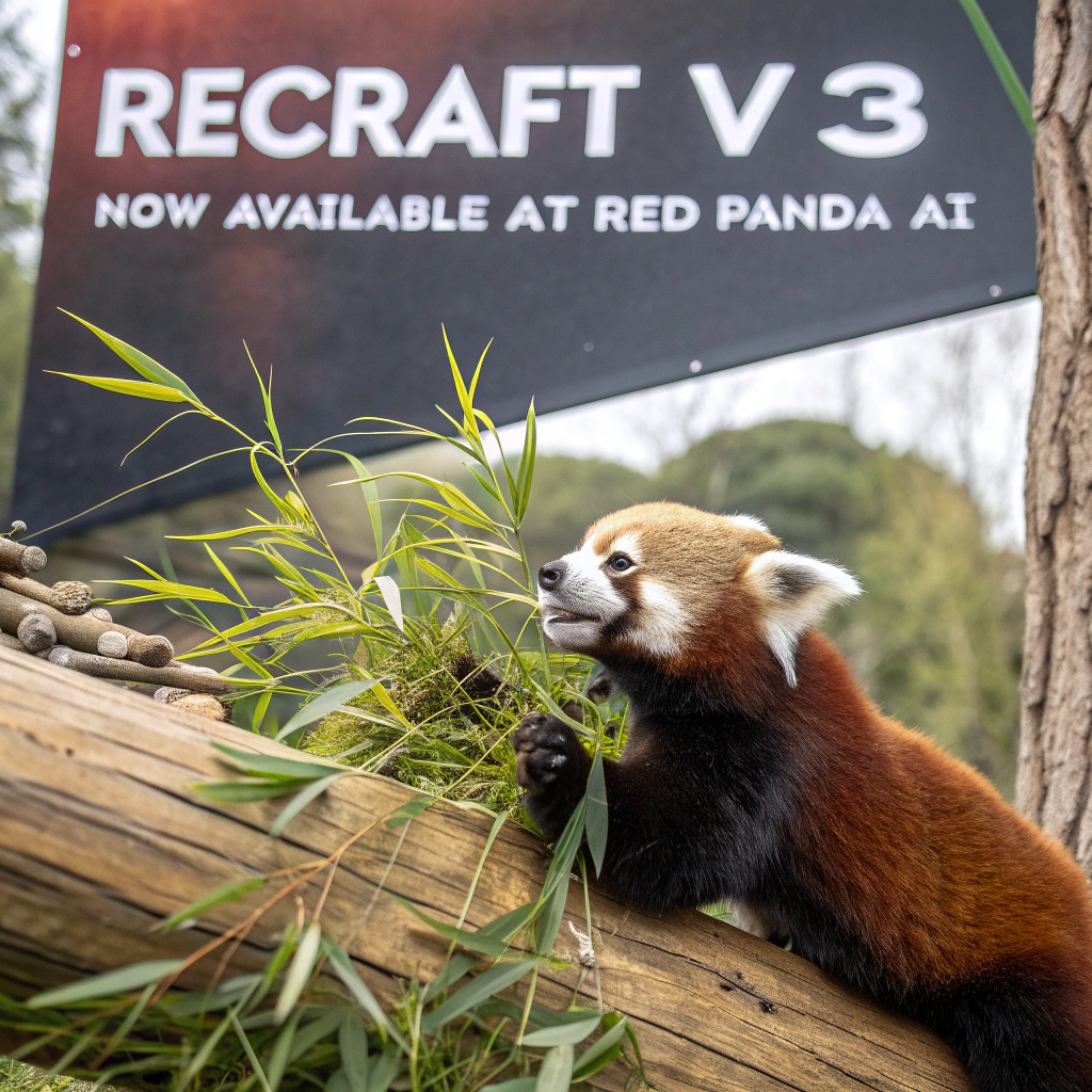 AI generated image by Red Panda AI: a red panda eating a bamboo in front of a poster that says "recraft V3 now available at red panda ai
