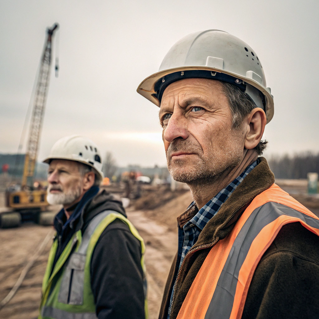 AI generated image by Red Panda AI: two handsome middle aged construction workers on a construction site. A realistic lifestyle type of image. shot on a portrait focal length lens. machines and heavy equipment in the background. faces in sharp focus with no softening. 
