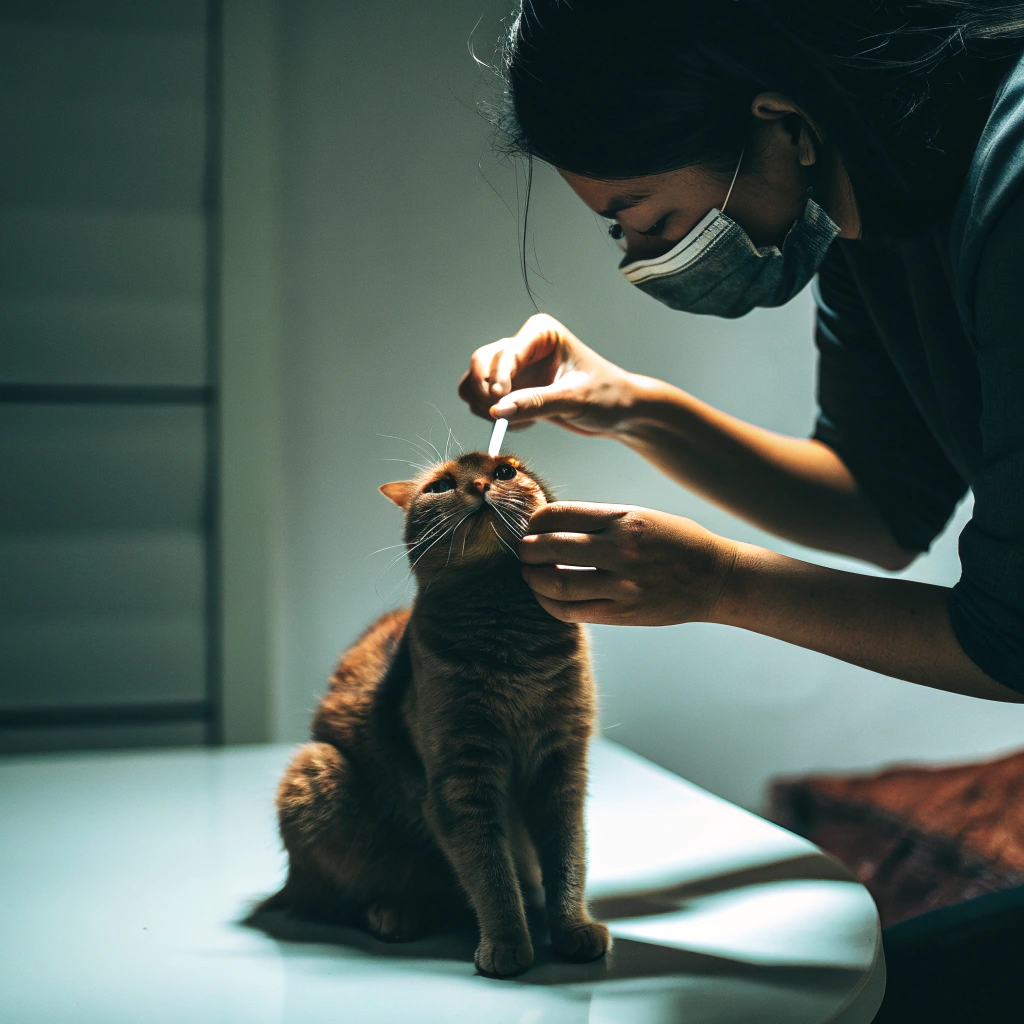 AI generated image by Red Panda AI: British short hair cat making eye drop to it self