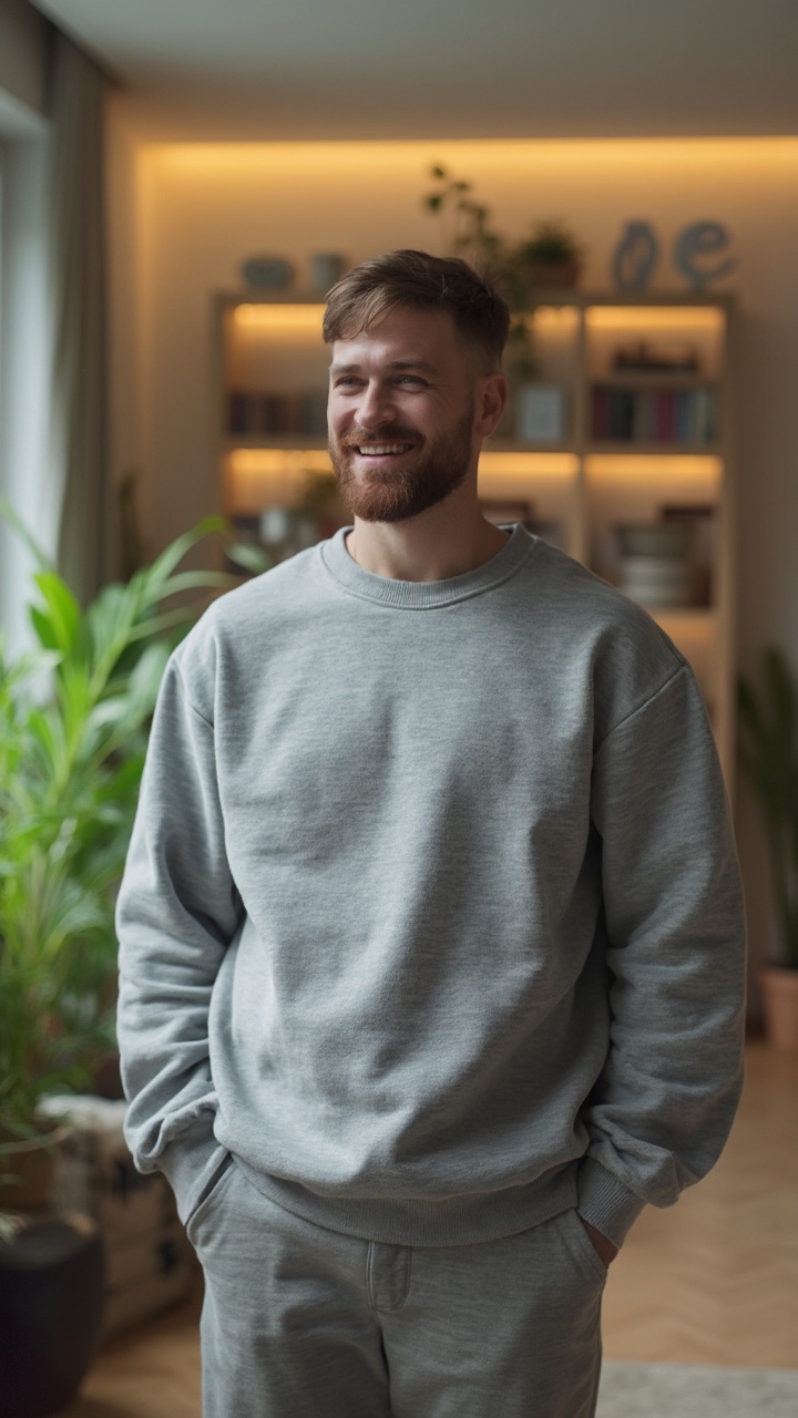 AI generated image by FLUX-Realism-Lora: Ein moderner, minimalistischer Wohnraum mit sanfter, warmer Beleuchtung. Ein 25-jähriger Wohlfühl-Coach in lässiger, bequemer Kleidung inkl. grauem oversized Sweatshirt steht entspannt in der Mitte des Raums.  Im Hintergrund sind grüne Pflanzen, ein Bücherregal und inspirierende Dekorationen zu sehen. Der Coach lächelt freundlich während er die Kamera anspricht. Die Kamera ist relativ nah, sodass man nicht viel von seinem Körper sieht
