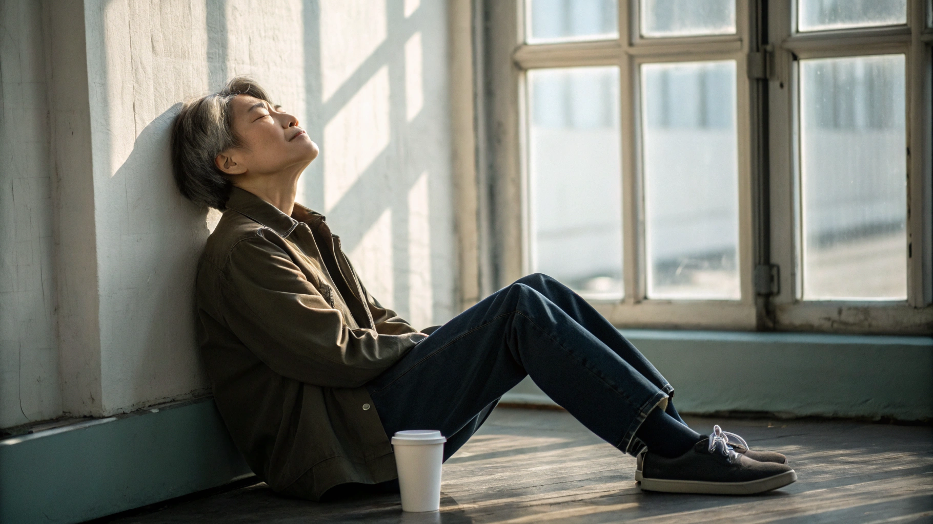 AI generated image by Red Panda AI: صورة شخص جالس على الأرض قرب نافذة، ضوء الشمس ناعم، عيون مغمضة، هدوء تام، كوب ماء بجانبه، الخلفية بسيطة تعكس السكون.

