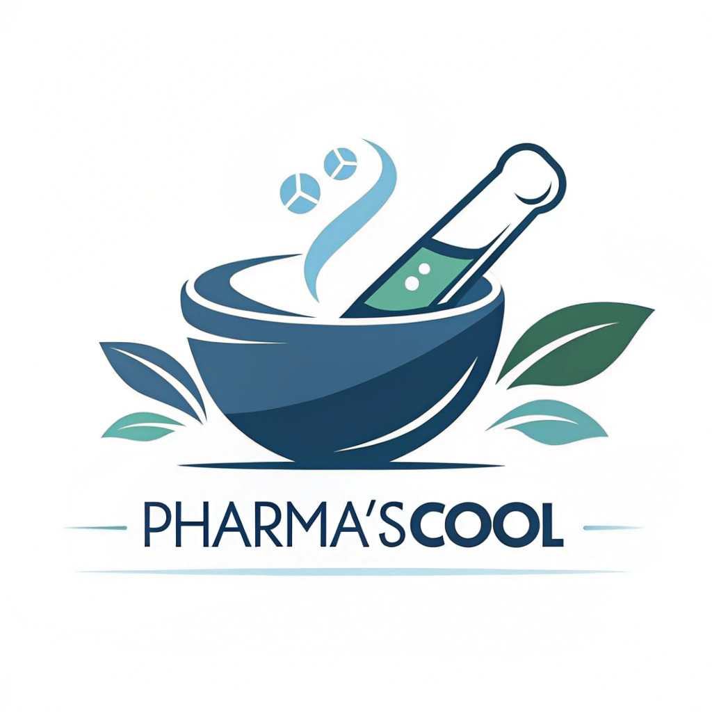 AI generated image by Red Panda AI: Minimalist vector logo showing a pill shape blending into a mortar and pestle symbol, modern typography for 'Pharma'sCool' below, sleek and professional, soft blue and green colors