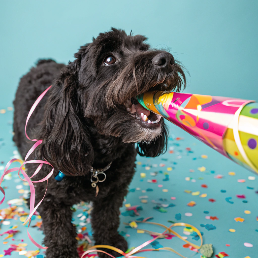 AI generated image by Red Panda AI: black cavapoo with party popper in mouth and confetti. his mouth is sealed tight around the opening of the popper and confetti is coming out.