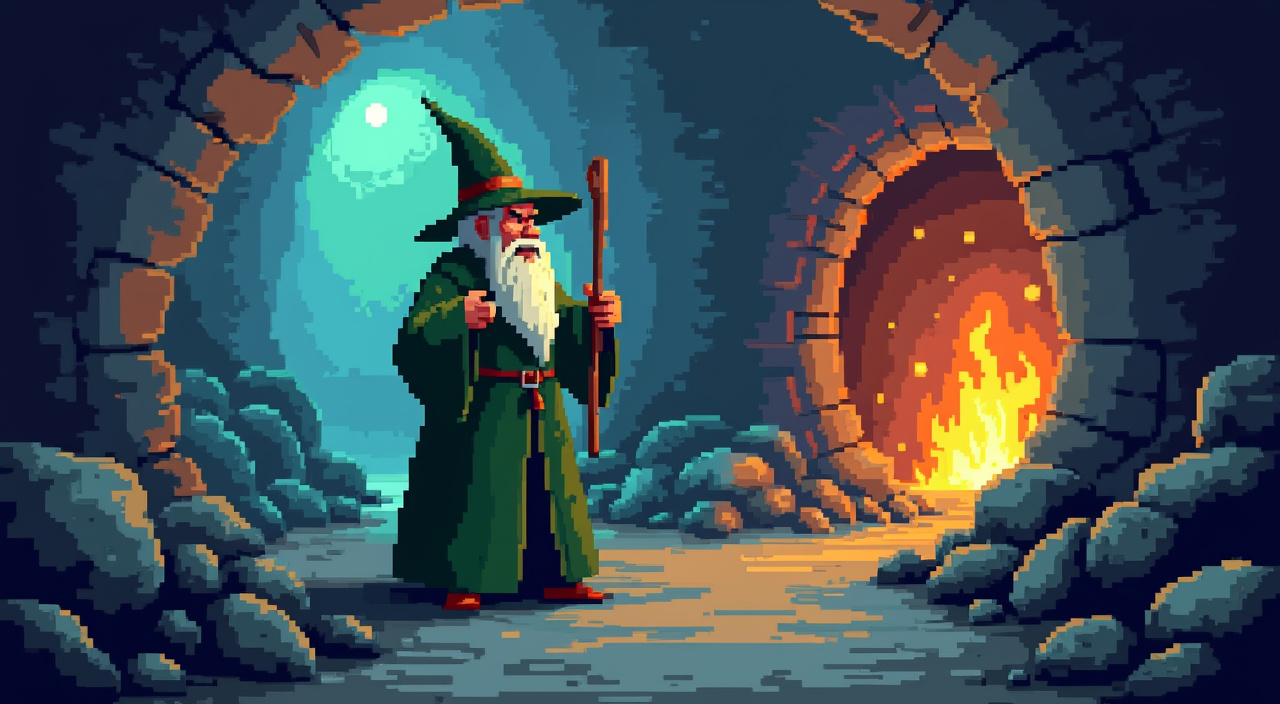 AI generated image by FLUX.1-pro: Wizard in a mineshaft, pixel art, green clothes, retro