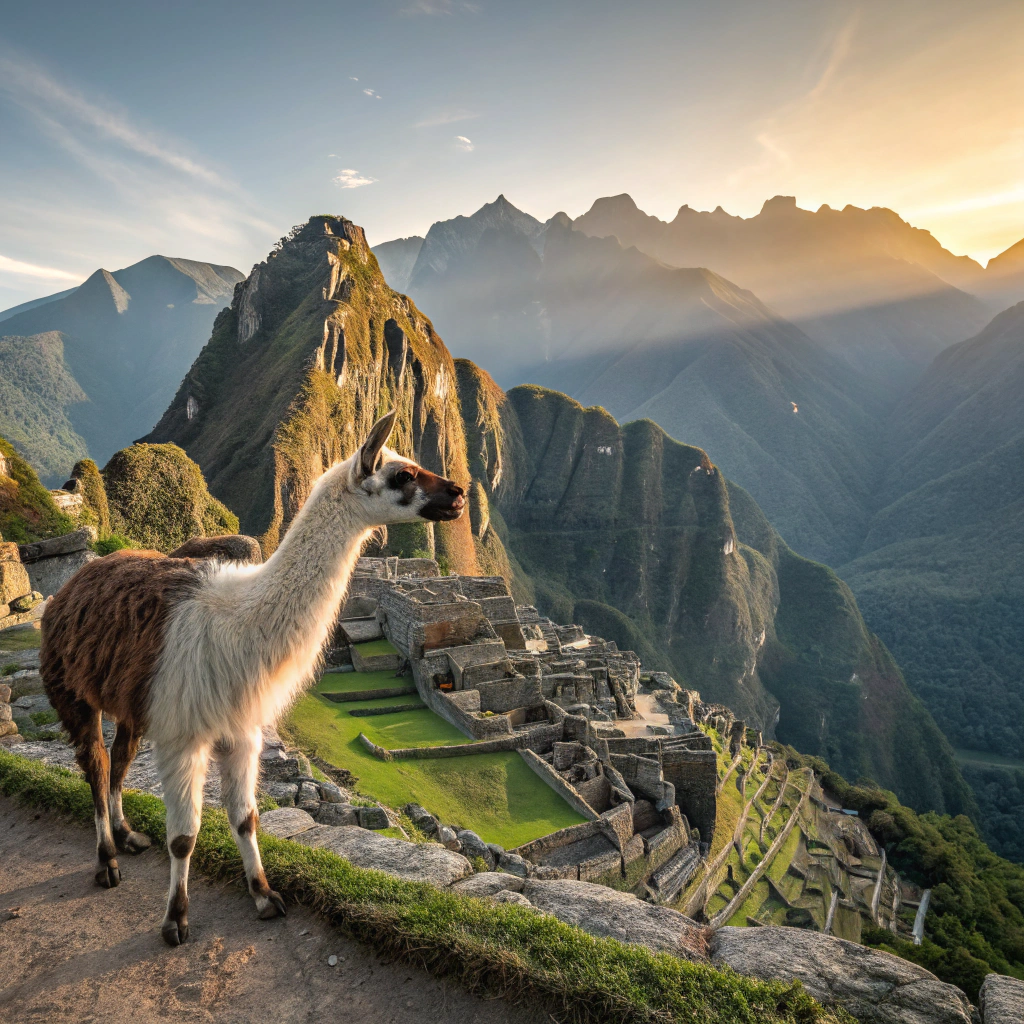 AI generated image by Red Panda AI: A smiling llama (Andean camelid) standing on a hill, gazing at the majestic Machu Picchu ruins at dawn, surrounded by the Andes mountains under a golden sunrise. Soft morning light illuminates the ancient stone architecture and lush greenery, creating a warm and peaceful atmosphere. Realistic, high detail, vibrant colors.