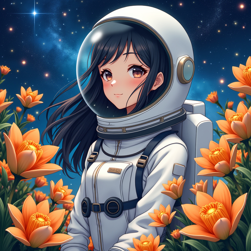 AI generated image by FLUX.1-pro: a captivating anime-style illustration of a woman in a white astronaut suit. She has long, dark wavy hair. Surrounding the astronaut are vibrant orange flowers with yellow centers. The background itself is a mesmerizing night sky filled with countless stars