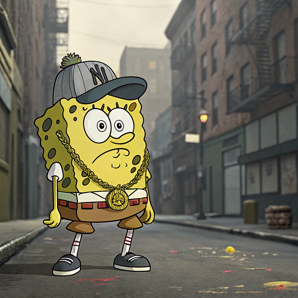 AI generated image by Red Panda AI: spongebob has a hard core gangster
