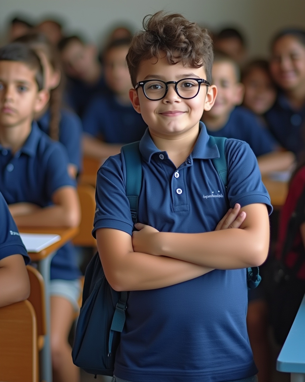 AI generated image by FLUX.1-pro: en el colegio, muchos niños y niñas vestidos con una camiseta polo azul oscuro, que no muestre escudo ni marca, de inicial estudiando, que predominen los colores #1B66B0 y #F28C2E, que se vea el aula y qie no haga foco en ningun niño en especial
