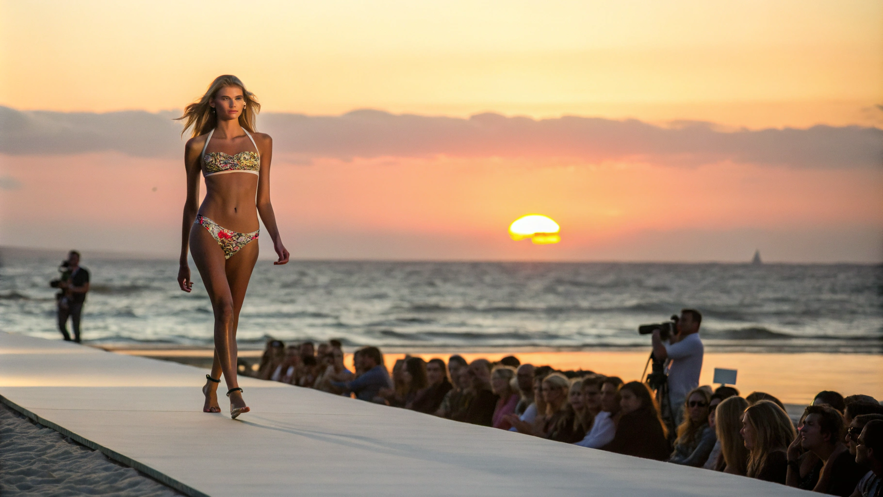 AI generated image by Red Panda AI: a model showing her bikini to everyone on the beach on a cat walk on the background some light waves and the sun at sundawn