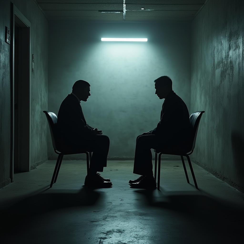 AI generated image by FLUX.1-pro: an anonymous witness is being interrogated in a very dark room
