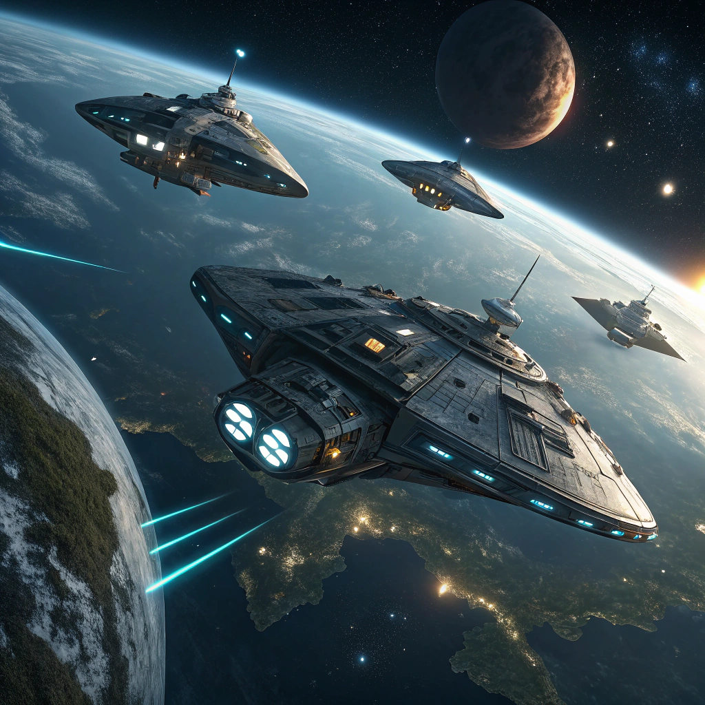 AI generated image by Red Panda AI: 画面描述：地球上方，多艘造型前卫、线条流畅的宇宙飞船悬停在空中，它们的表面闪烁着高科技的光芒。飞船周围，人类通过先进的重力系统自由穿梭于地球与飞船之间。
SDXL提示词：[多艘宇宙飞船, 悬停空中, 高科技光芒, 重力系统, 自由穿梭]