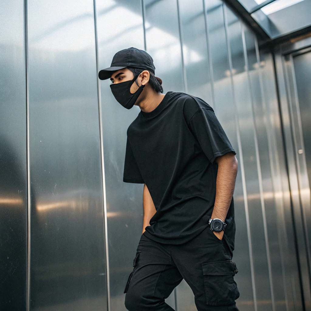 AI generated image by Red Panda AI: A indian male model wearing a blank black drop shoulder tshirt, black cargo pants, cap, black mask, accessories posing in a mysterious way, the background is of a metallic wall