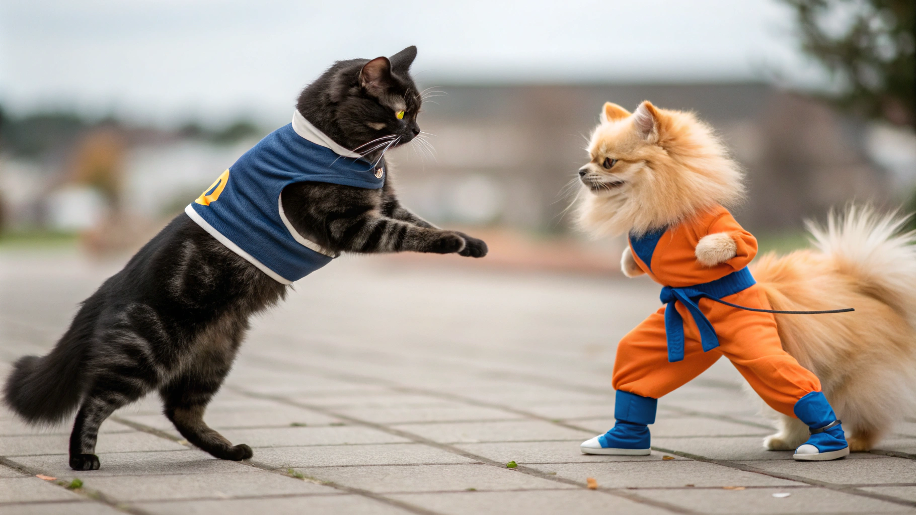 AI generated image by Red Panda AI: black cat with light grey stripes with a vegeta costume in a fighting stance against a beige pomeranian dog in a son goku costume, (((full body visible))), photography, detailed fur, realistic, photo-realistic, 8k, highly detailed, full length frame, High detail RAW color art, piercing, diffused soft lighting, sharp focus, hyperrealism, cinematic lighting