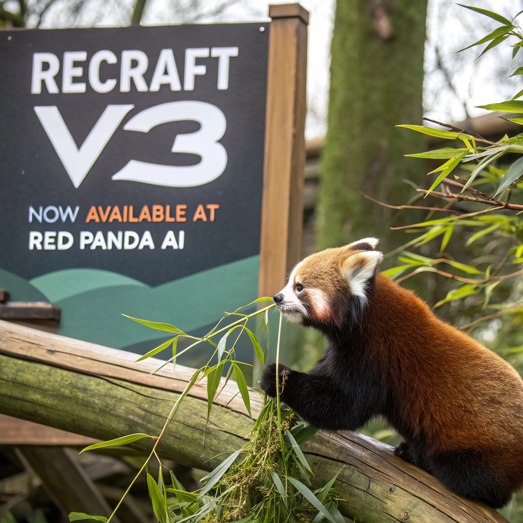 AI generated image by Red Panda AI: a red panda eating a bamboo in front of a poster that says "recraft V3 now available at red panda ai