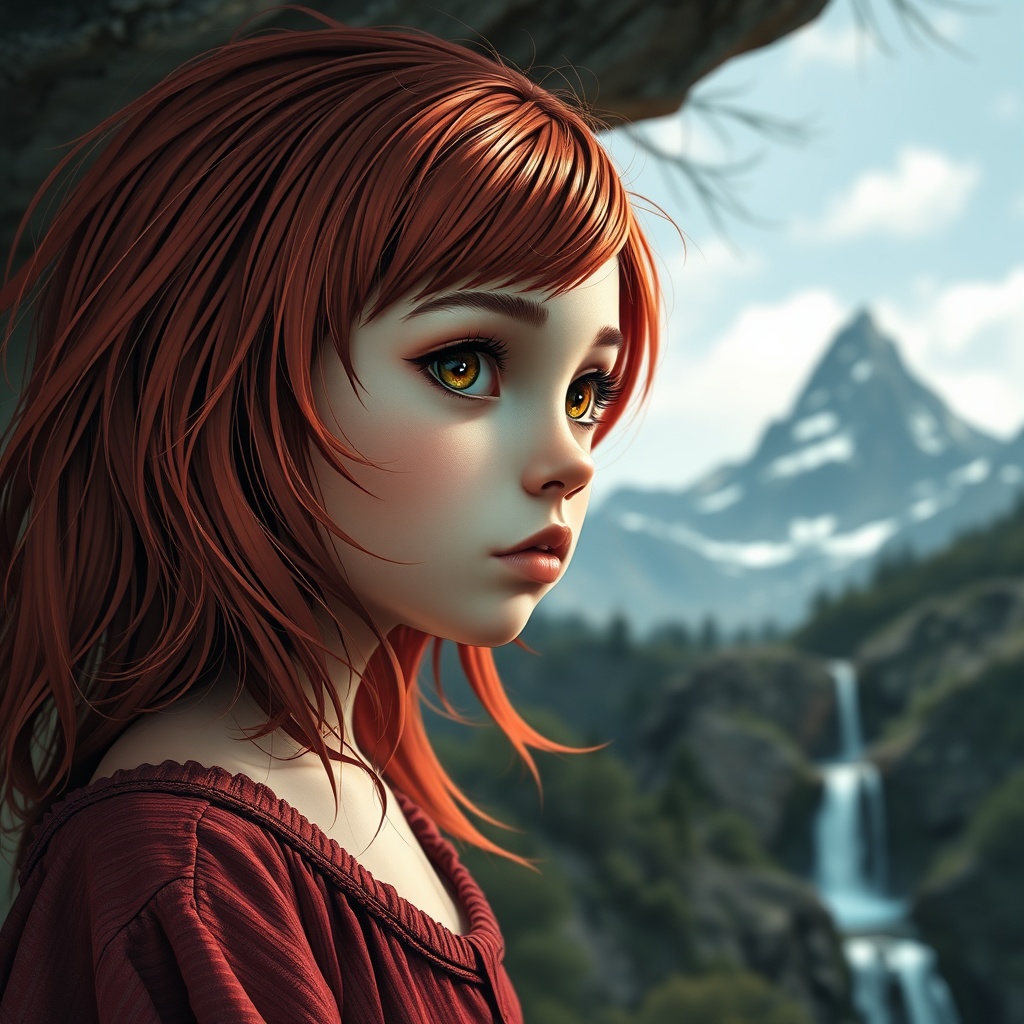 AI generated image by FLUX.1-schnell: una chica de cabello rubio y ojos marrones,en las orejas lleva pendientes y poca ropa,de fondo una montaña con una cascada de agua.

