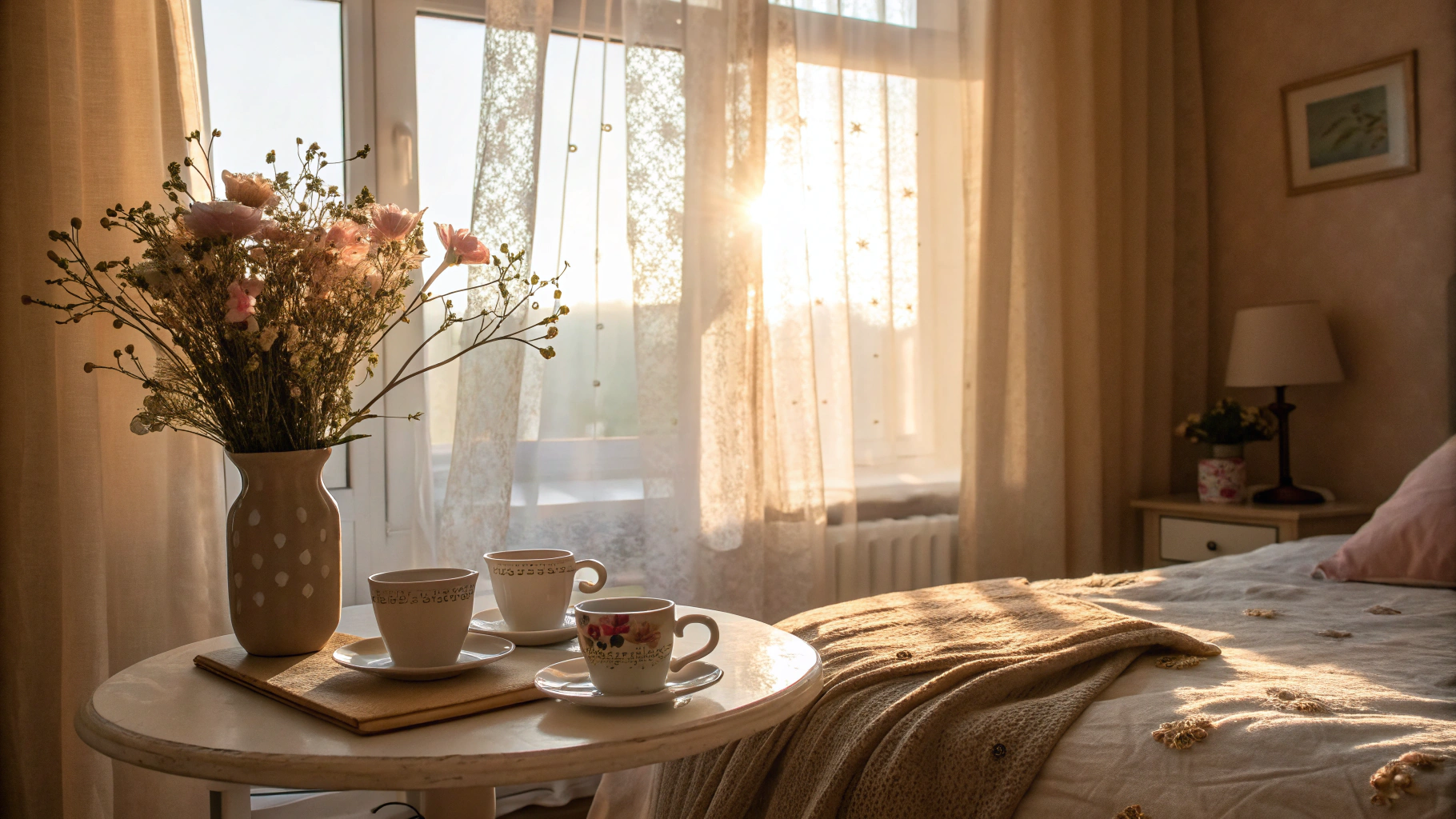 AI generated image by Red Panda AI: Morning in a bedroom, coffee cups on the table, sunlight through curtains, delicate flowers on the table. Warm, cozy atmosphere, pastel colors, morning light.
