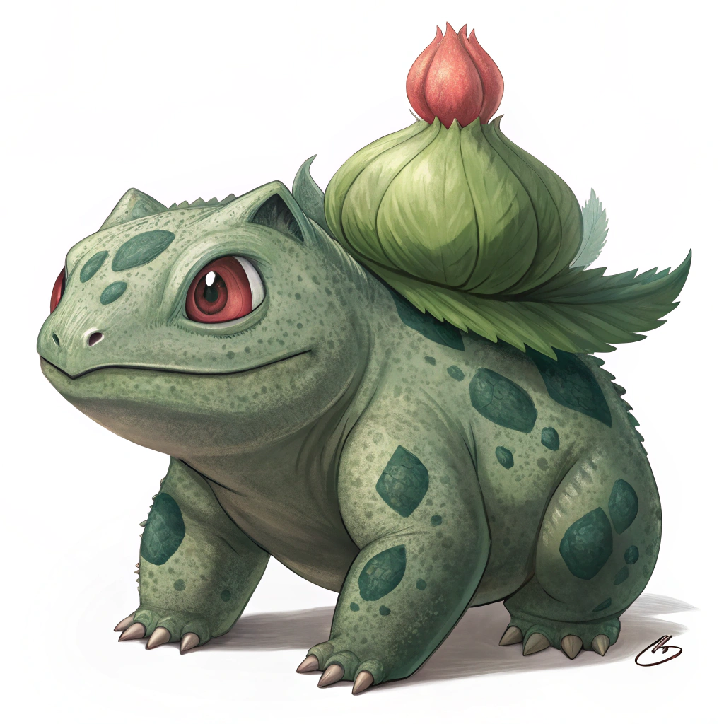 AI generated image by Red Panda AI: > Create an ultra-realistic image of Bulbasaur, making it look like a real, living creature. The skin should have a slightly rough, reptilian texture, similar to the skin of a chameleon or turtle, with a thin waxy layer for a natural, subtle shine. The dark green spots on the skin should resemble thicker, leathery patches, providing Bulbasaur with natural protection. The plant bulb on its back should look like a fleshy succulent, thick and juicy, with realistic leaf textures that appear soft and slightly pliable, and tiny hairs to give it an authentic plant surface. The eyes should look vibrant and moist, with a glossy protective layer that intensifies the red color, giving it a lively and curious expression. Use natural light and shadow to make all textures appear three-dimensional and lifelike.



