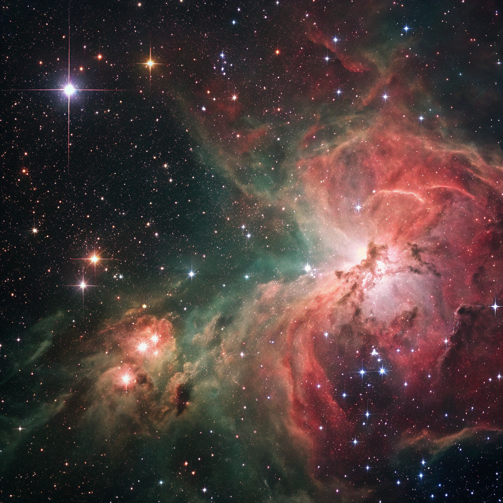 AI generated image by Red Panda AI: "Deep space image in the style of realistic astrophotography, showing a dense, complex region of glowing gas clouds, interstellar dust, and faint stars—similar to the structures found in the IRAS or Spitzer infrared data. The scene should resemble real nebulae such as NGC 6164 or the Tarantula Nebula, with filaments of red and green hues caused by hydrogen and oxygen emissions. Hidden within the gas and shadows, subtly embedded in the shapes of the nebula, a massive serpentine creature is hinted at—similar to the 'Red Dragon of Virgo' pareidolia seen in Google Sky. The entity is not explicit, but its silhouette and faint bioluminescent eyes suggest the presence of a cosmic leviathan emerging from the interstellar mist. The tone is cosmic, mysterious, and eerie, blending scientific realism with metaphysical wonder."

