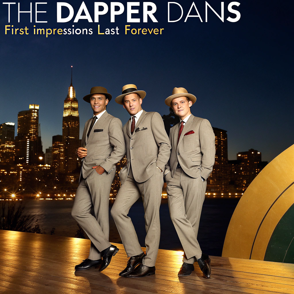AI generated image by Red Panda AI: Imagine a used and worn vintage-style album cover set in the late 1950s or early 1960s. "The Dapper Dans", a group of three brothers, are posed in front of a sleek, glowing city skyline at night, bathed in warm golden light. They're wearing matching tailored suits with skinny ties, polished shoes, and pocket squares—each adding a hint of personal flair (one with a fedora, one adjusting his tie, one snapping his fingers).

The background has a deep navy and gold gradient, evoking a sense of elegance and nostalgia. A retro microphone on a stand is placed in the foreground, subtly catching the spotlight. The overall design exudes charm and sophistication, with smooth, stylish vibes befitting their crooner appeal. The title "First Impressions Last Forever" is written on the cover.