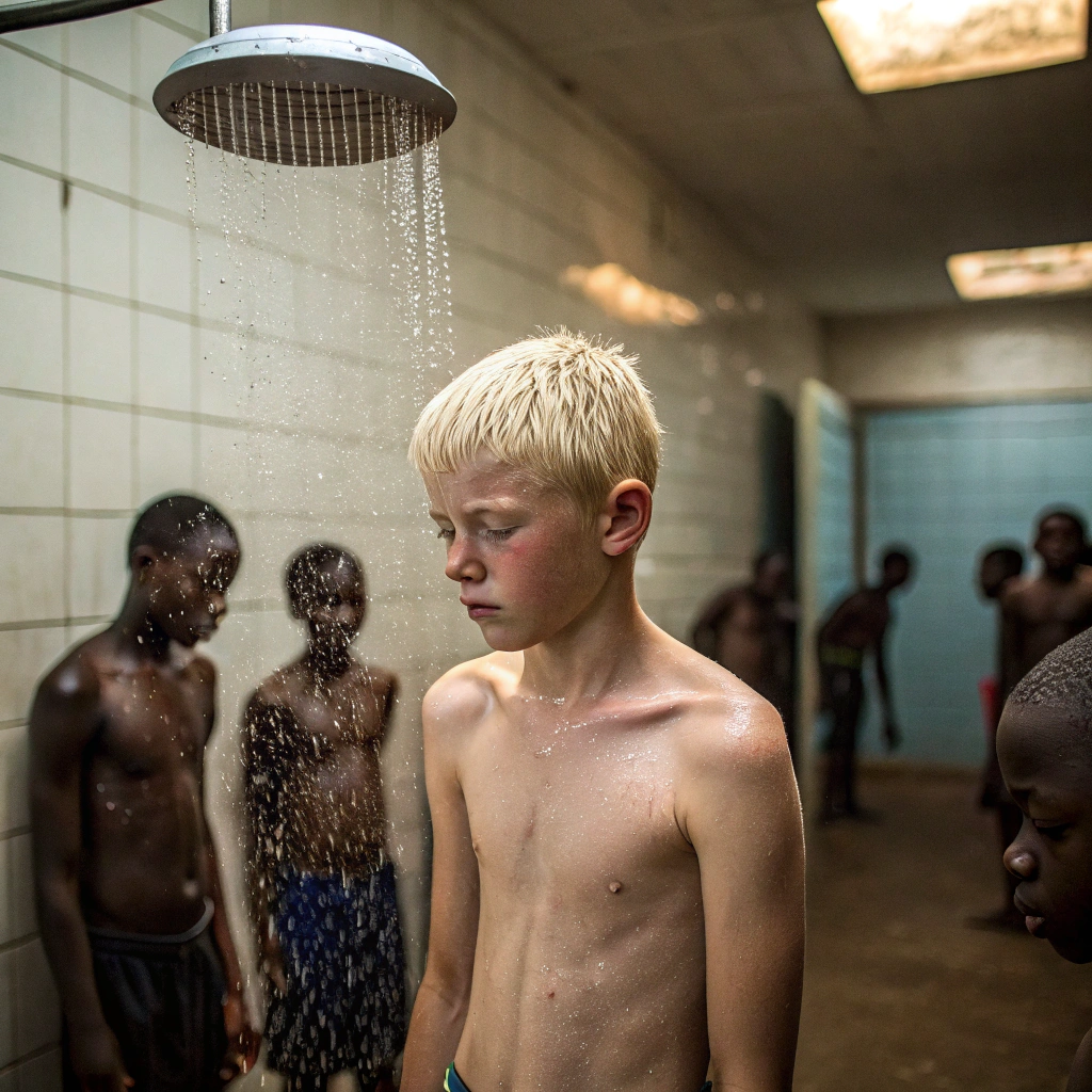 AI generated image by Red Panda AI: un niño rubio de 14 años en las duchas de una carcel rodeado de otros niños africanos