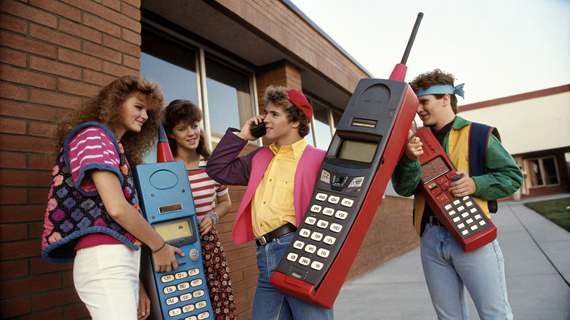 AI generated image by Red Panda AI: A group of college students in 1984, holding large and bulky 1980s mobile phones that look like bricks