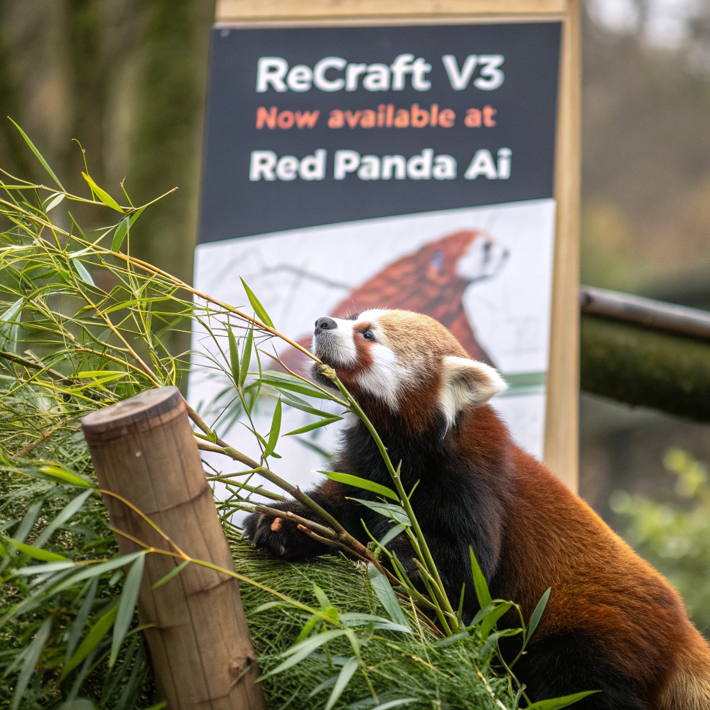 AI generated image by Red Panda AI: a red panda eating a bamboo in front of a poster that says "recraft V3 now available at red panda ai