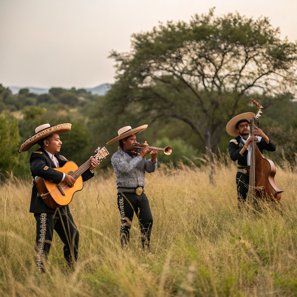AI generated image by Red Panda AI: quiero una escena donde este un grupo regional mexicando tocando musica en medio de una parcela